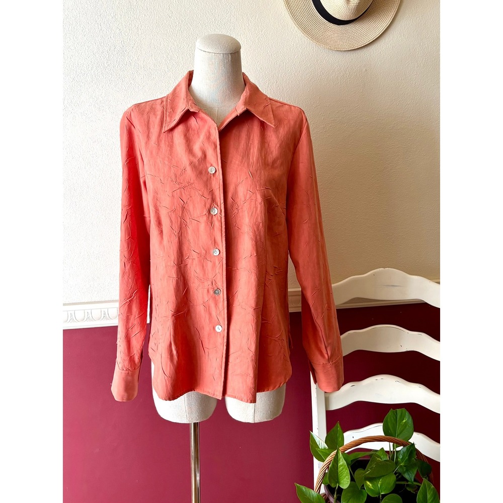 Coldwater Creek Coral Orange Crinkle Texture Button Up Top Women's Petite M Chic